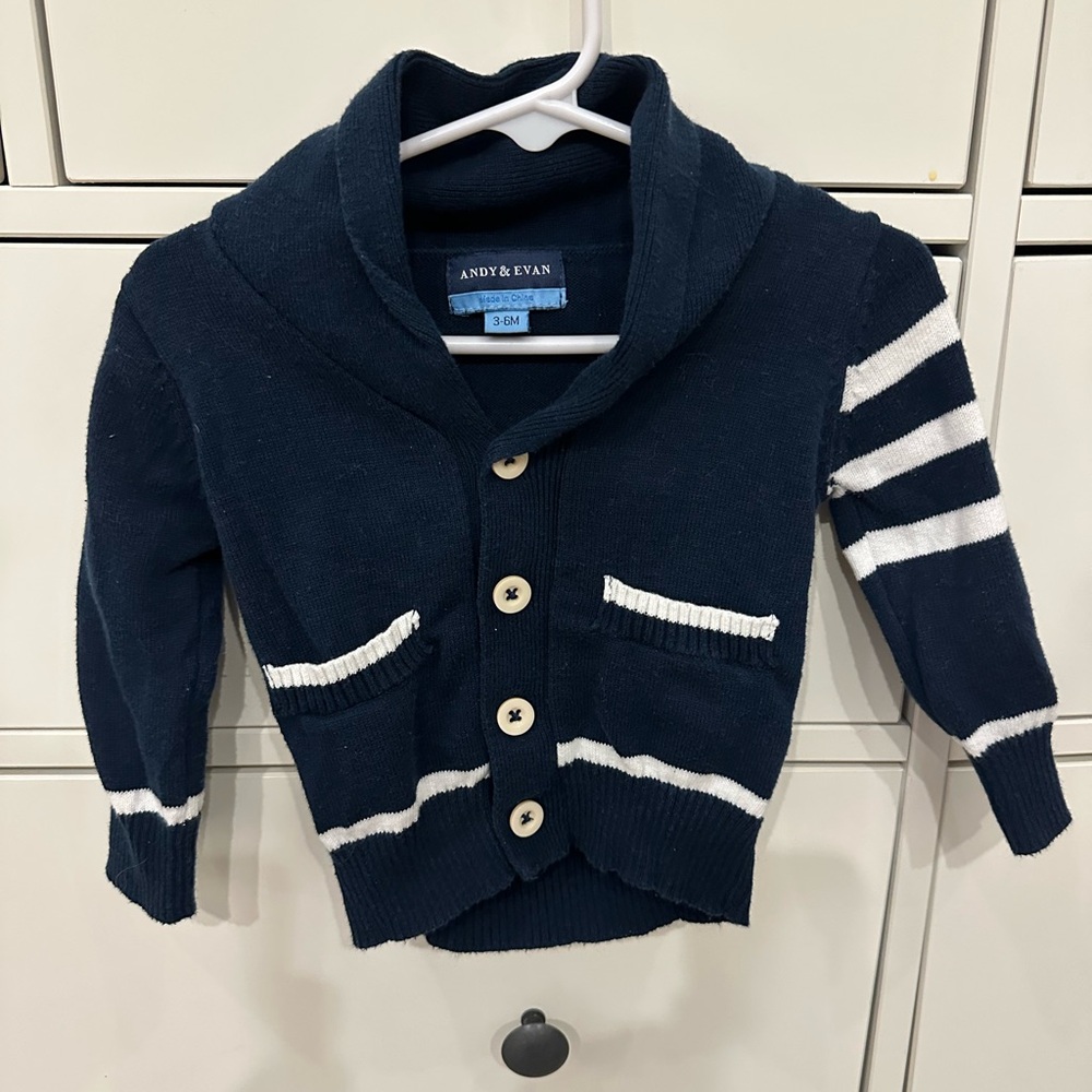 Andy & Evan Blue and White Shawl Collar Sweater size 3-6 months